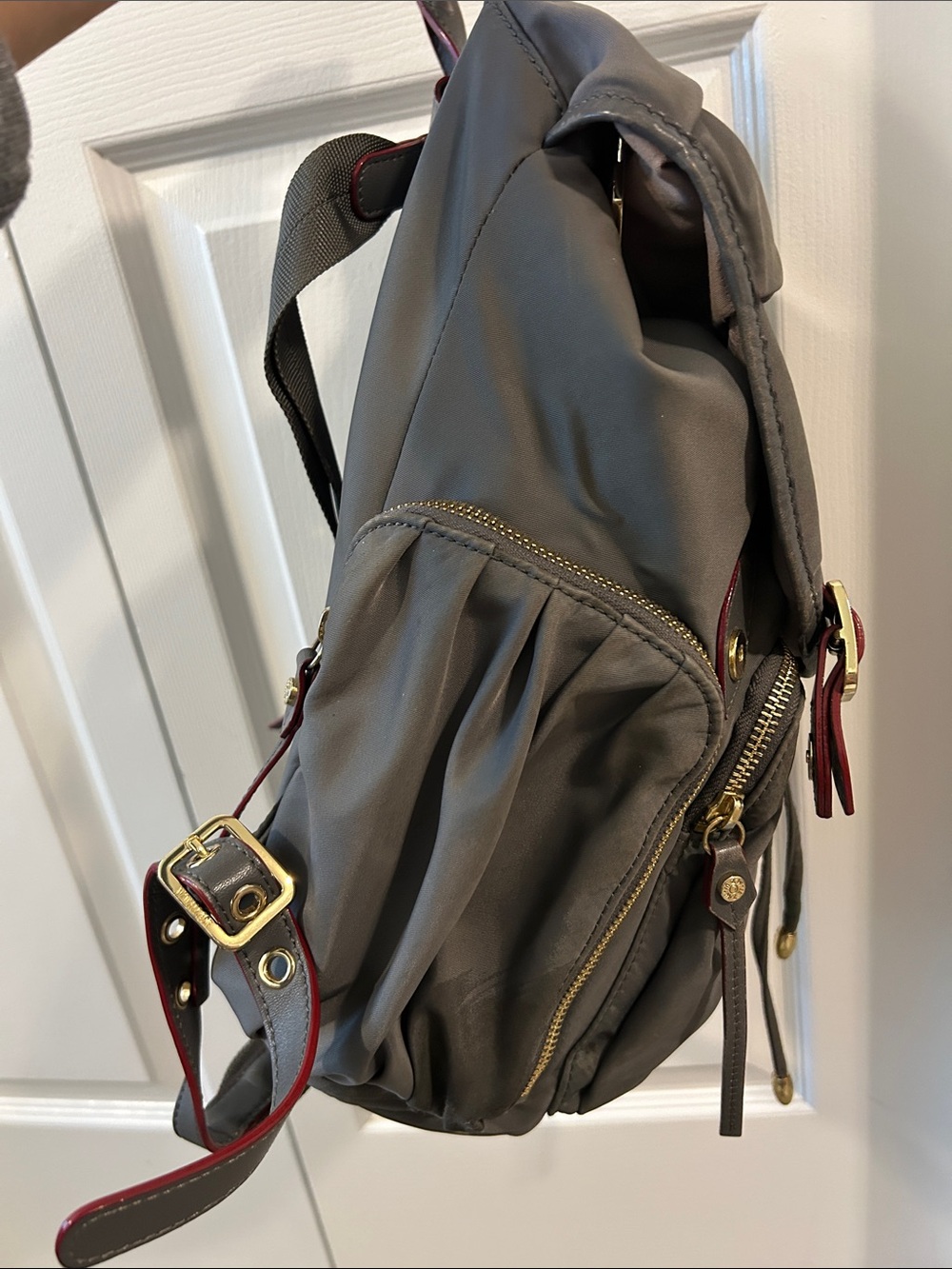 MZ Wallace Gray Nylon Backpack with Red Trim and Gold Hardware - Picture 3 of 6